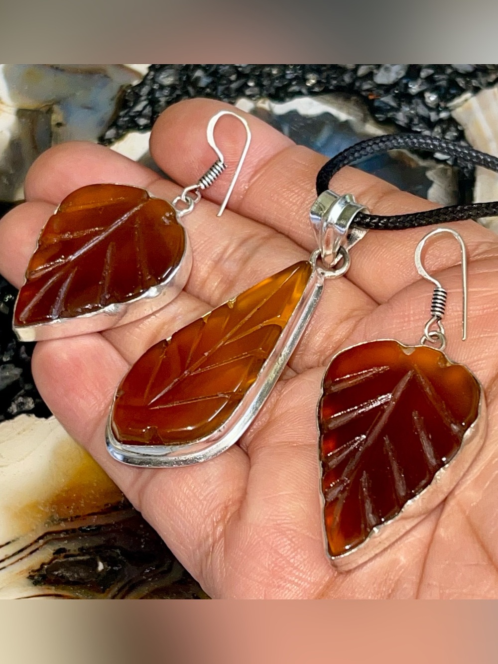 Carved Rustic Chalcedony Leaf Pendant & Earrings